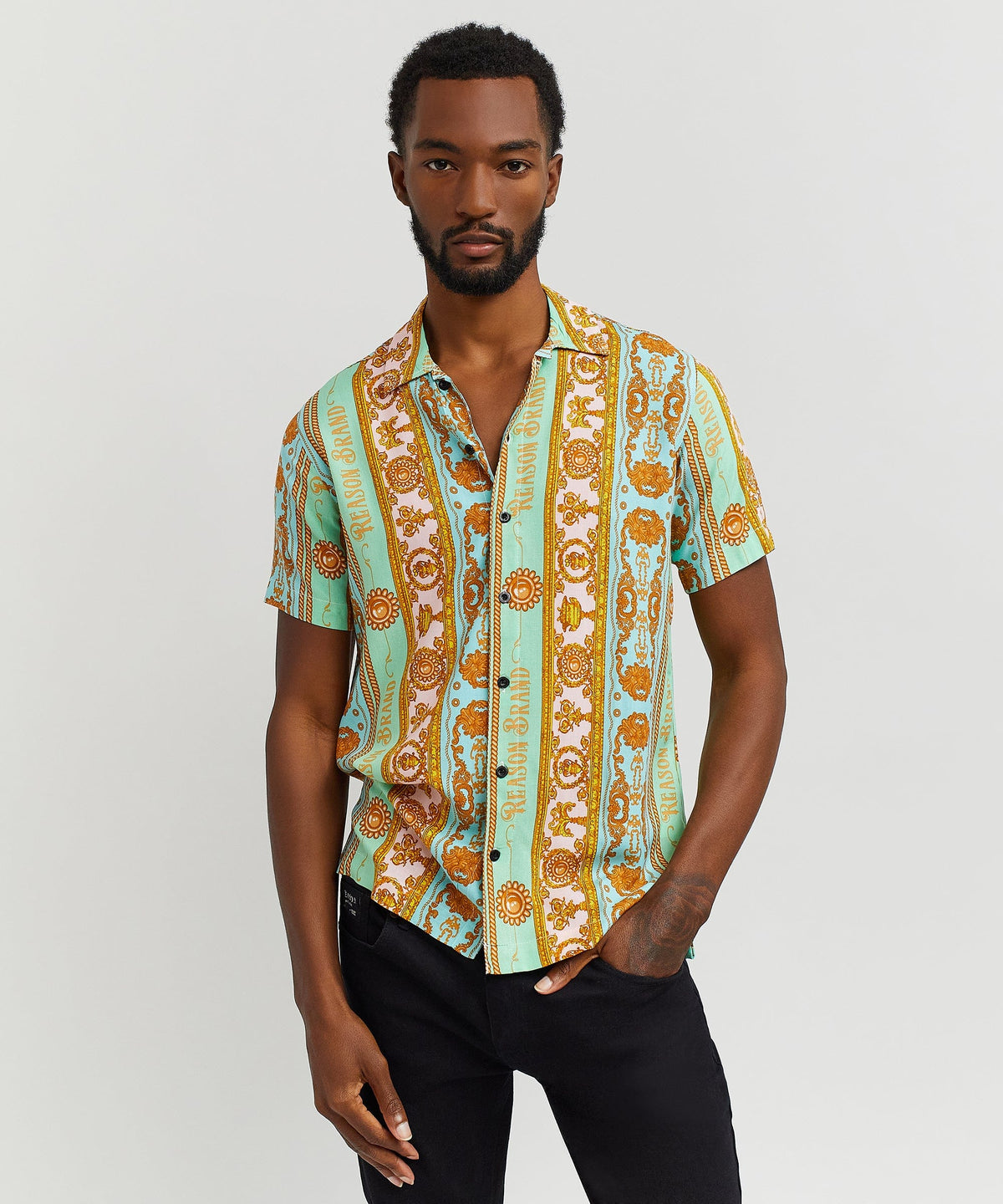 Baroque Viscose Button-Down Short Sleeve Shirt - Multicolor