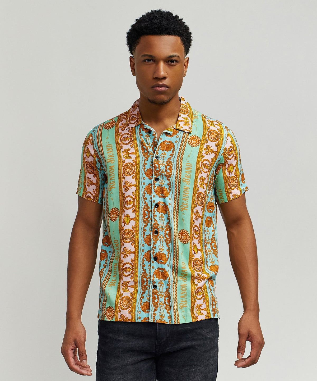 Baroque Viscose Button-Down Short Sleeve Shirt - Multicolor